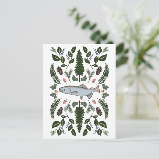 Salmon PNW Natuur Fir Ferns Berries Foraging Feest Briefkaart (Staand voorkant)