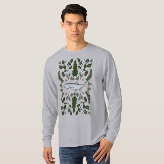 Salmon PNW Natuur Fir Ferns Berries Foraging Feest T-shirt (Voorkant volledig)
