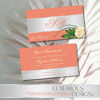 Salmon Silver Decor Cute Roos Flower with Monogram Visitekaartje