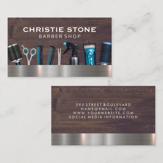 Salon Barber Gereedschap | metaalhout Visitekaartje (Voorkant / Achterkant)