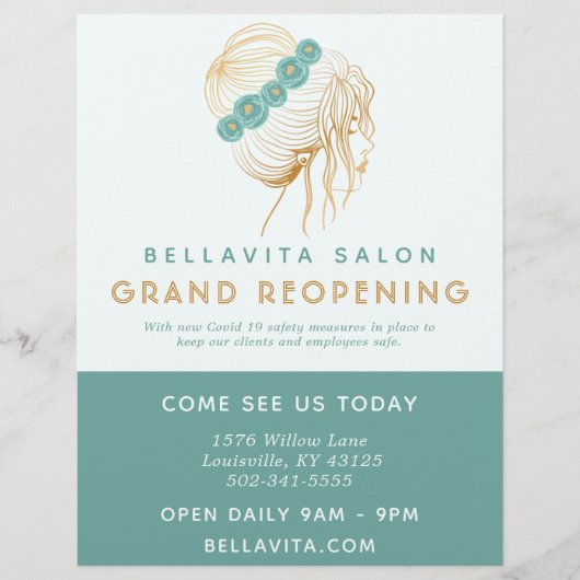 Salon Blauwgroen Gold Floral Updo Logo Covid ReOpe Flyer (Voorkant)