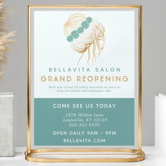 Salon Blauwgroen Gold Floral Updo Logo Covid ReOpe Flyer