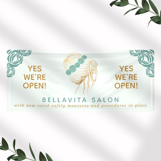 Salon Blauwgroen Gold Floral Updo Logo Covid ReOpe Spandoek