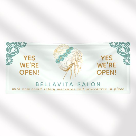 Salon Blauwgroen Gold Floral Updo Logo Covid ReOpe Spandoek