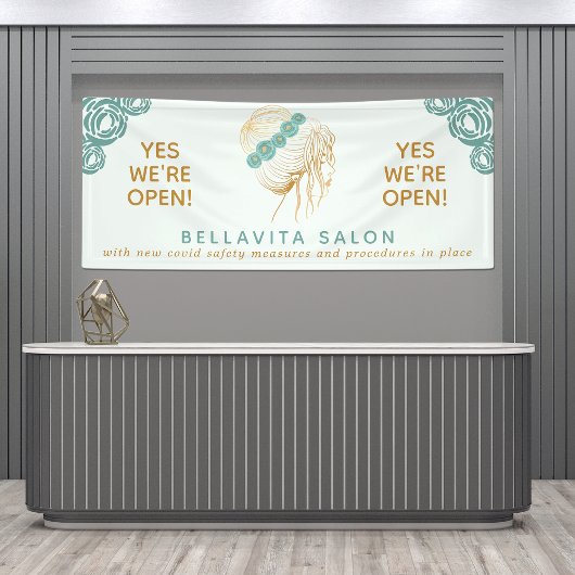 Salon Blauwgroen Gold Floral Updo Logo Covid ReOpe Spandoek