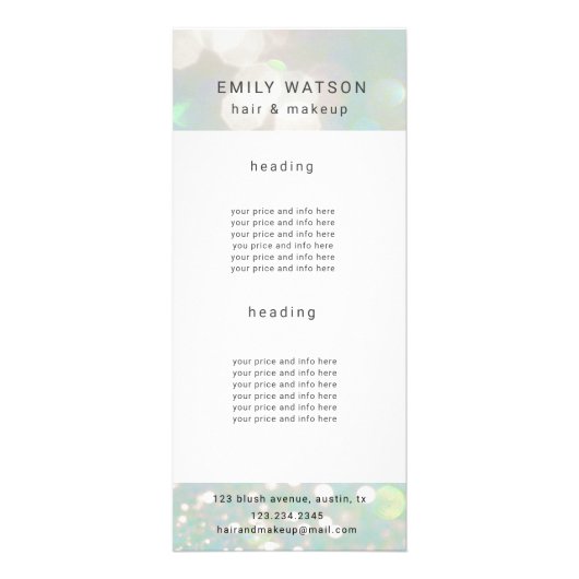 salon bokeh pastel glans prijslijst reclamekaart (Voorkant)