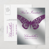Salon Butterfly Briefkaart Invitation Paars Silver (Voorkant / Achterkant)