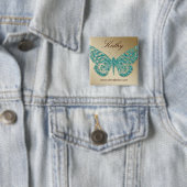 Salon Butterfly Name Tag Button Blauwgroen Gold (In situ)