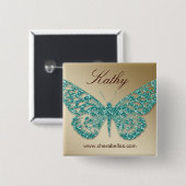 Salon Butterfly Name Tag Button Blauwgroen Gold (Voorkant /achterkant)