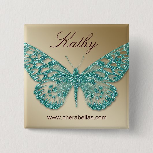 Salon Butterfly Name Tag Button Blauwgroen Gold (Voorkant)