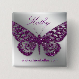 Salon Butterfly Name Tag Button Silver Paars