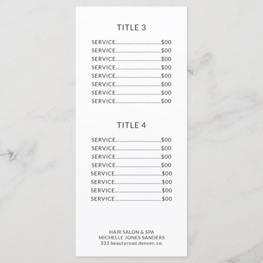 Salon eenvoudige zwart-wit prijs service menu (Achterkant)