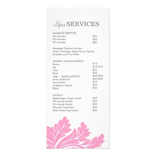 Salon en Spa prijslijst en rack Kaart (Achterkant)