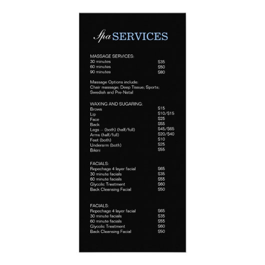 Salon en Spa prijslijst en rack Kaart (Achterkant)