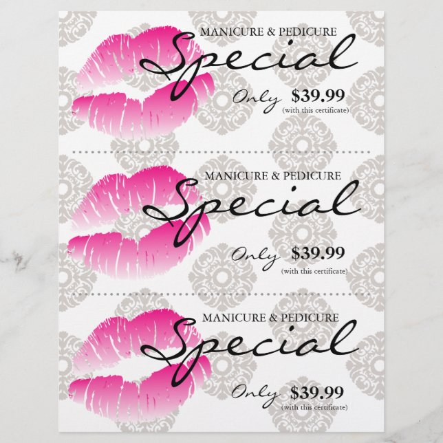 Salon Flyer Spa Lips roze Damask Floral (Voorkant)