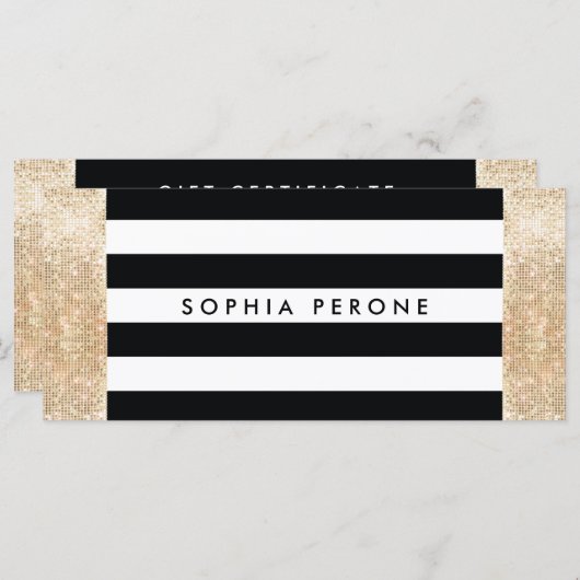 Salon Gift Certificate Black Stripes Gold Sequin (Voorkant / Achterkant)