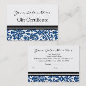 Salon Gift Certificate Blue Black Damask Kortingskaartje (Voorkant / Achterkant)