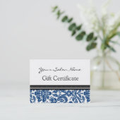 Salon Gift Certificate Blue Black Damask Kortingskaartje (Staand voorkant)