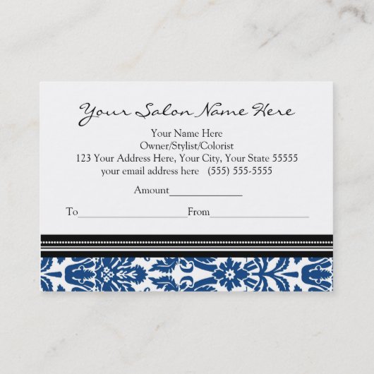 Salon Gift Certificate Blue Black Damask Kortingskaartje (Achterkant)