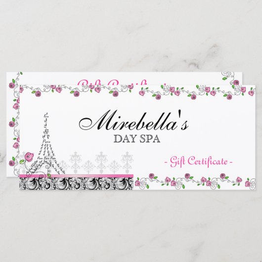 Salon Gift Certificate Paris Eiffel Tower Rozen (Voorkant / Achterkant)