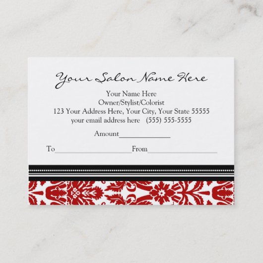 Salon Gift Certificate Red Black Damask Kortingskaartje (Achterkant)