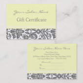 Salon Gift Certificate Yellow Grey Damask Kortingskaartje (Voorkant / Achterkant)
