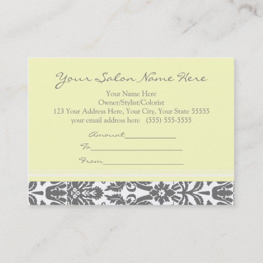 Salon Gift Certificate Yellow Grey Damask Kortingskaartje (Achterkant)