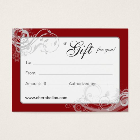 Salon Gift Kaart Spa Floral Swirls Red White (Voorkant)