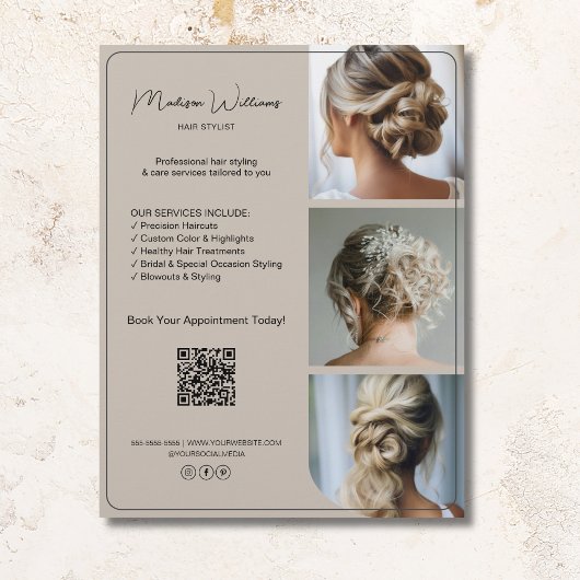 Salon Hair Stylist Services 3 Foto's QR Beige Flyer