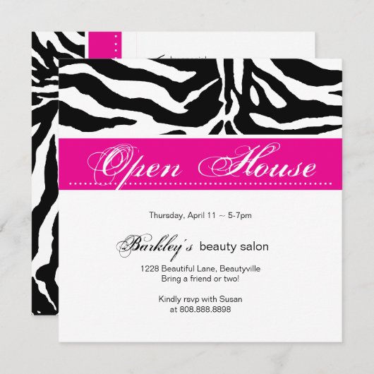 Salon Invitation Open House en Zebra Roze Kaart (Voorkant / Achterkant)