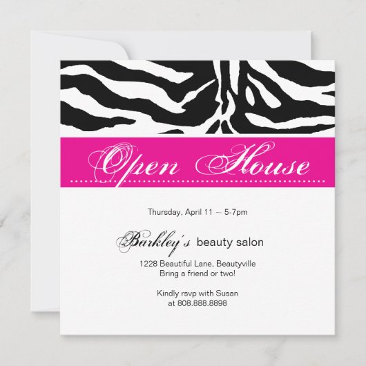 Salon Invitation Open House en Zebra Roze Kaart (Voorkant)