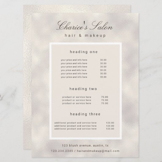 Salon Luxe Parel Elegante Prijs Kaart (Voorkant / Achterkant)