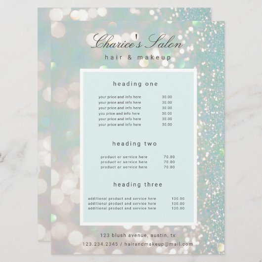 Salon Luxe Shimmer Pastel Prijs Kaart (Voorkant / Achterkant)