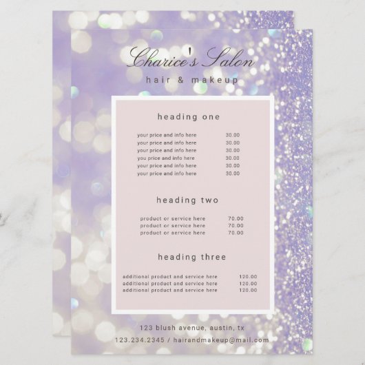 Salon Luxe Shimmer Pastel Prijs Kaart (Voorkant / Achterkant)