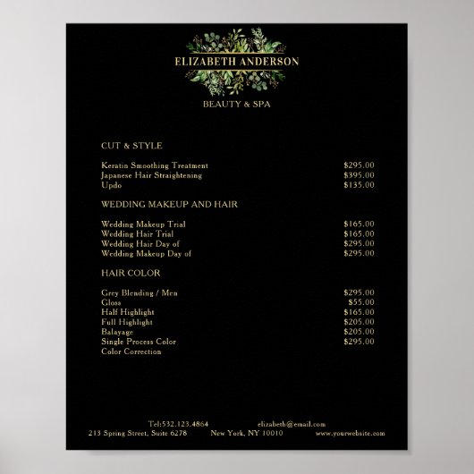 Salon Modern Botanik Black Price List Poster (Voorkant)