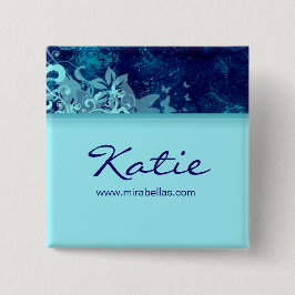 Salon Name Tag Button Brooch blue grunge floral 2