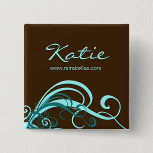 Salon Name Tag Button Brooch blue swirls