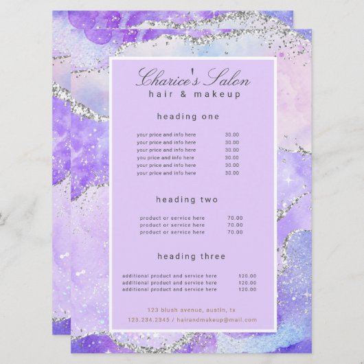 salon paars zilveragate glitter-prijskaart menu (Voorkant / Achterkant)