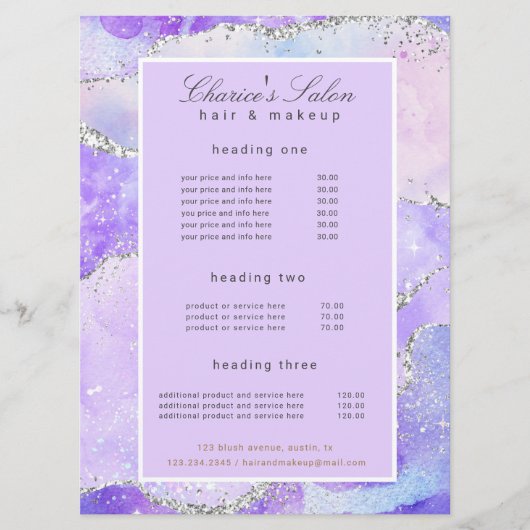 salon paars zilveragate glitter-prijskaart menu (Voorkant)