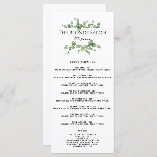 Salon Price List Menu (Voorkant / Achterkant)