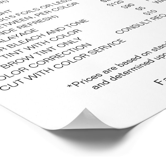 Salon Prijs LIst Poster, bewerkbare prijslijst Poster (Hoek)