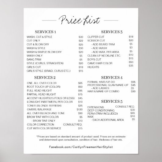Salon Prijs LIst Poster, bewerkbare prijslijst Poster (Voorkant)