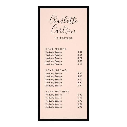 Salon Prijs Service Lijst Elegante Roze Roos Kleur Reclamekaart (Voorkant)