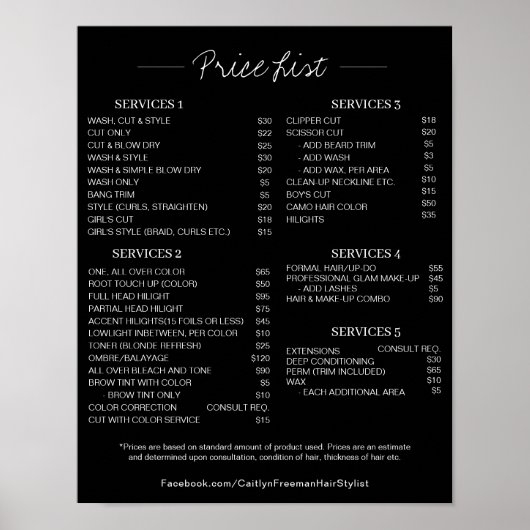 Salon Prijslijst Poster, Bewerkbare Prijslijst Poster (Voorkant)