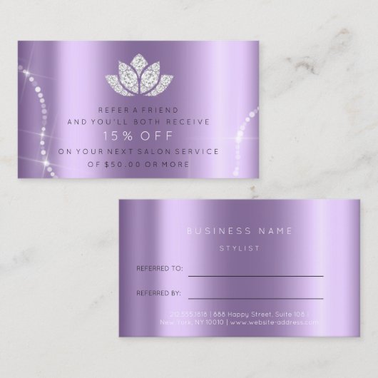 Salon Reference Kaart Violet Lavender Sparkly Lotu (Voorkant / Achterkant)