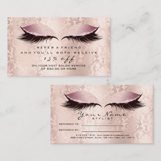Salon Referral Kaart Damask Makeup Pink Lashes Gla (Voorkant / Achterkant)