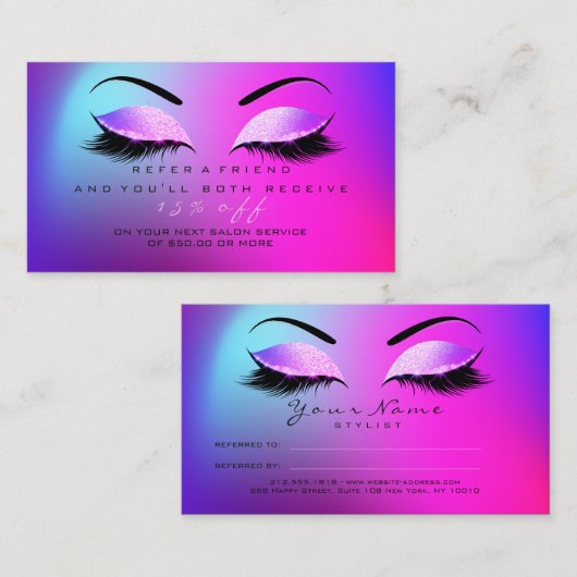 Salon Referral Kaart Glitter Miami Pink Lashes (Voorkant / Achterkant)