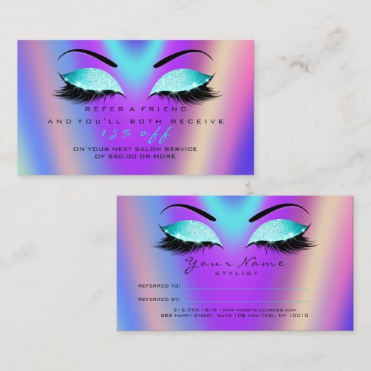 Salon Referral Kaart Glitter Tiffany Roze Lashes (Voorkant / Achterkant)