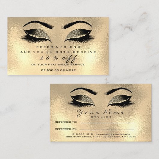 Salon Referral Kaart Makeup Artist Gold Wax Lashes (Voorkant / Achterkant)