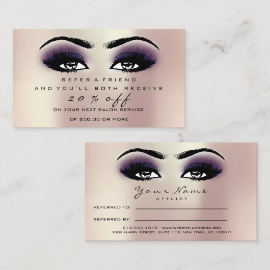 Salon Referral Kaart Makeup Roos Roze Violet Lashe (Voorkant / Achterkant)